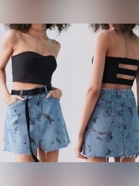 BDG Blue Denim Mini Skirt with Black Graffiti Print MEDIUM